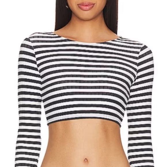 NWT SOLID & STRIPED Black and White Striped Women's ribbed Crop Top rashguard L - Picture 1 of 8